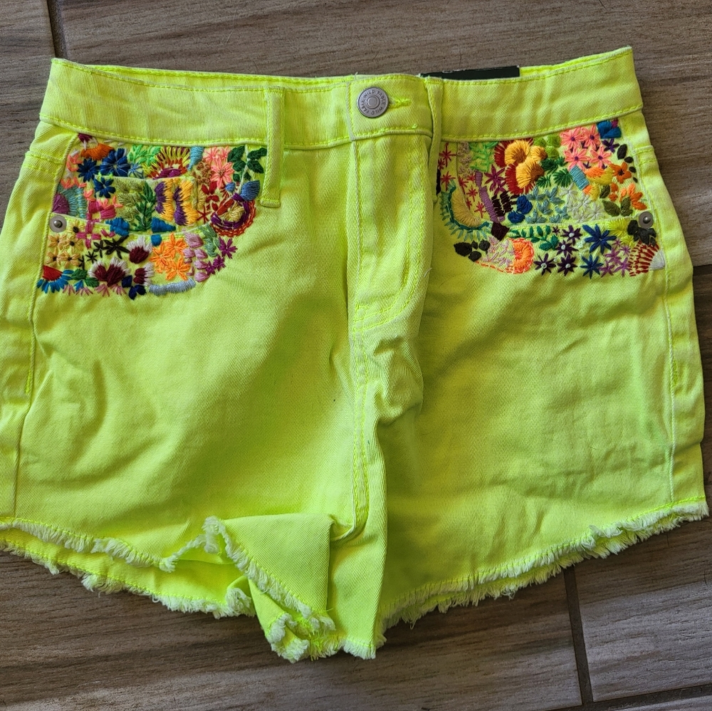 Hand Embroderied Neon Yellow Green High Waist Shorts